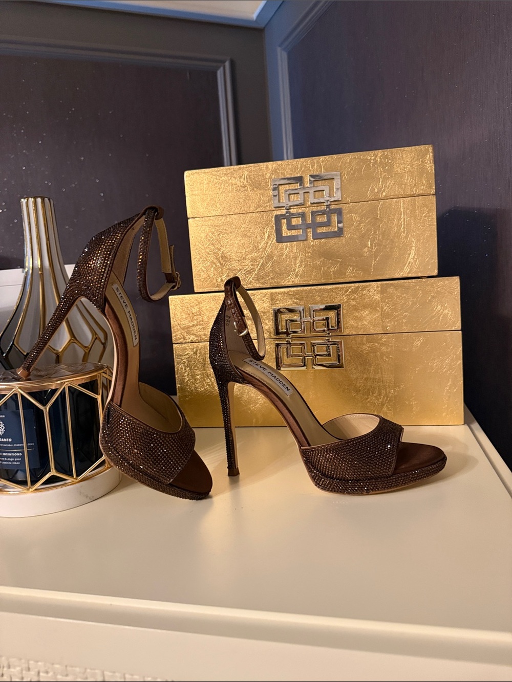 Steve Madden Brown Crystal Ankle-Strap Stiletto Sandals 🍁🍂